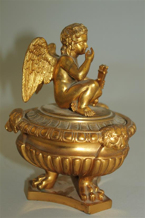 An Empire style gilt bronze inkwell and cover, first half 19th century, 6in.